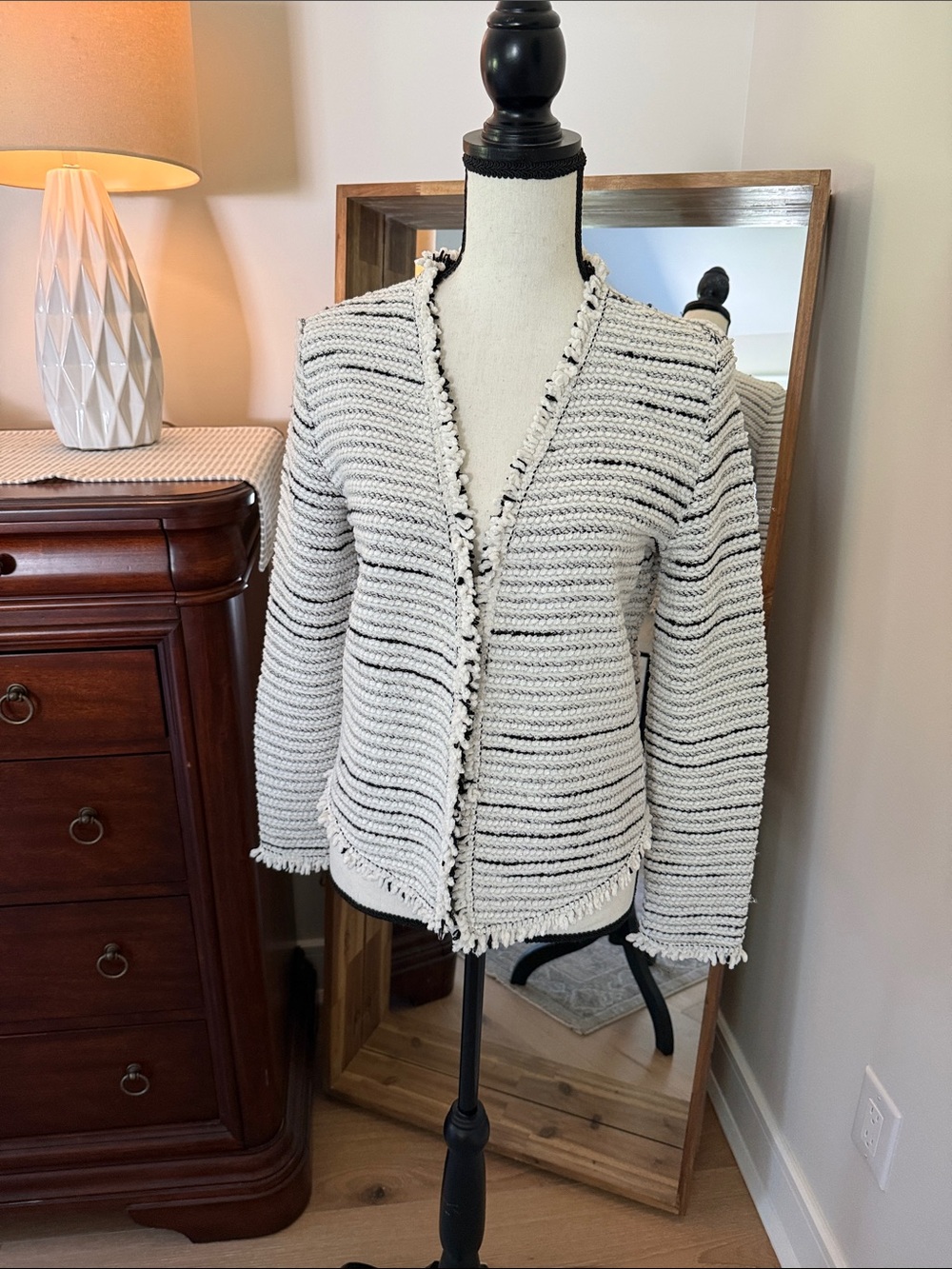 NIC+ZOE Cream and Black Striped Open-Front Knit Jacket